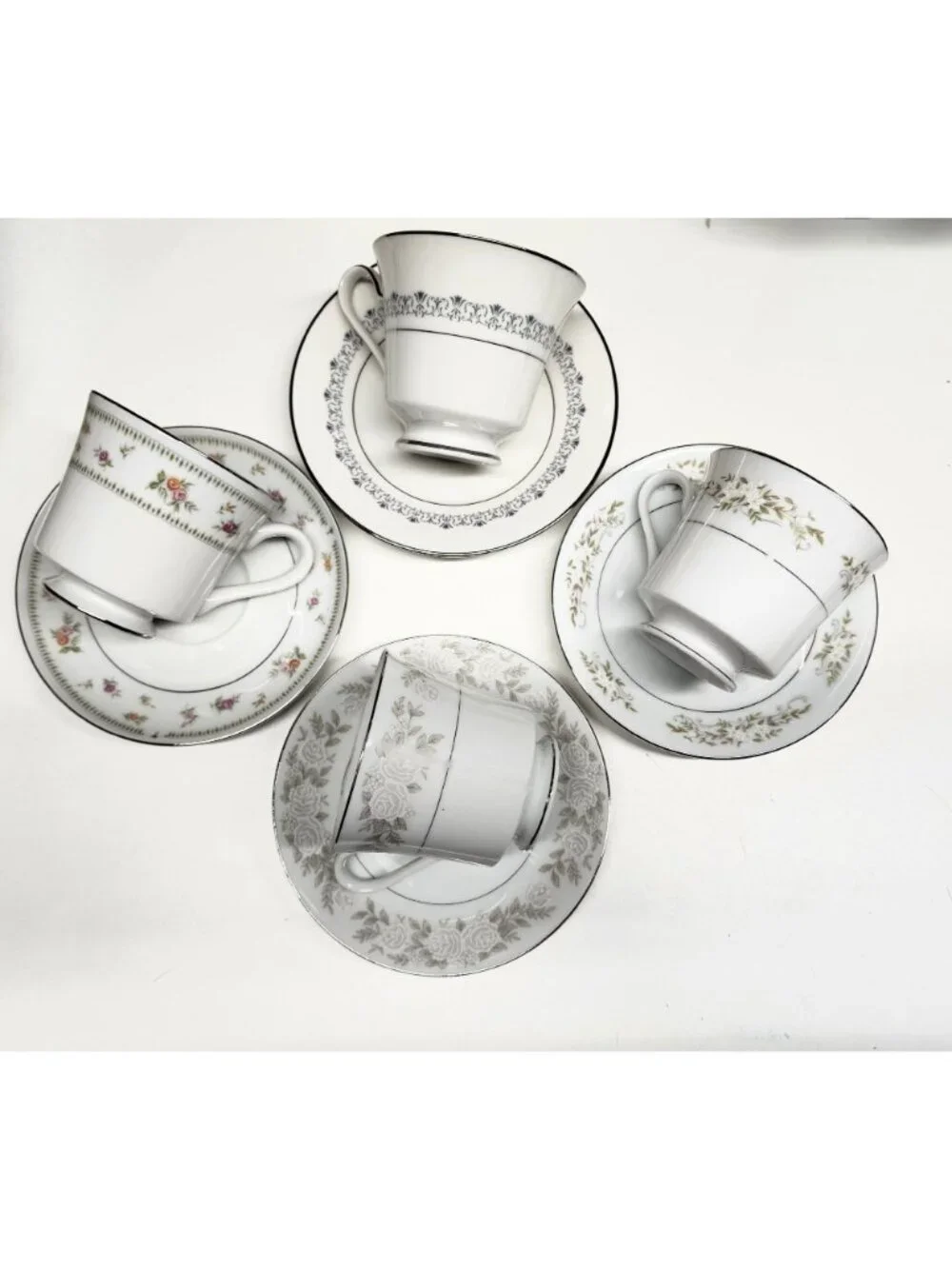 Mismatched China Tea Cups & Saucers Soft Floral Designs 4 Sets